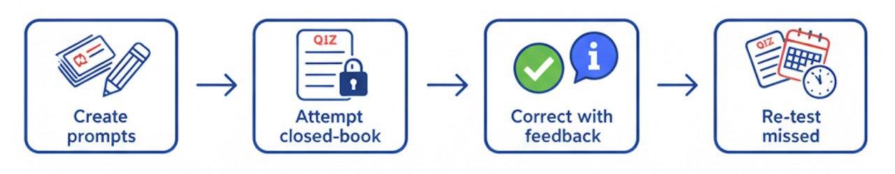 - A 4-step flow diagram with four blocks connected by arrows (no text):<br>  1) Create prompts (stack of small quiz cards + pencil),<br>  2) Attempt closed-book (quiz card + lock icon),<br>  3) Correct (checkmark + info bubble),<br>  4) Re-test missed (two small cards highlighted).<br>- A small calendar/timeline icon near the end to imply repeating later.